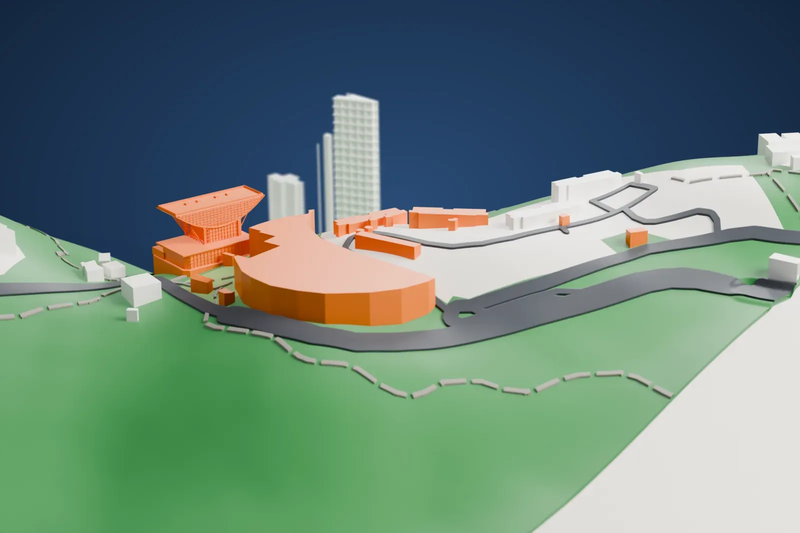 A white 3D print of the Peak Tower, a low building topped by a wide bowl-shaped upper level on slim struts, sitting among green hillside, a curving road and a few small buildings.