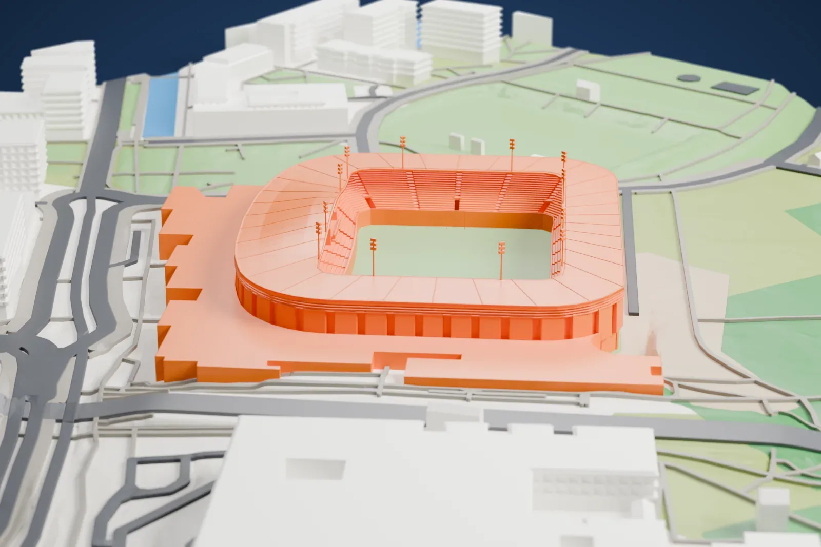A white 3D print of Viking Stadion, showing its continuous covered stands around an open pitch among the surrounding buildings.