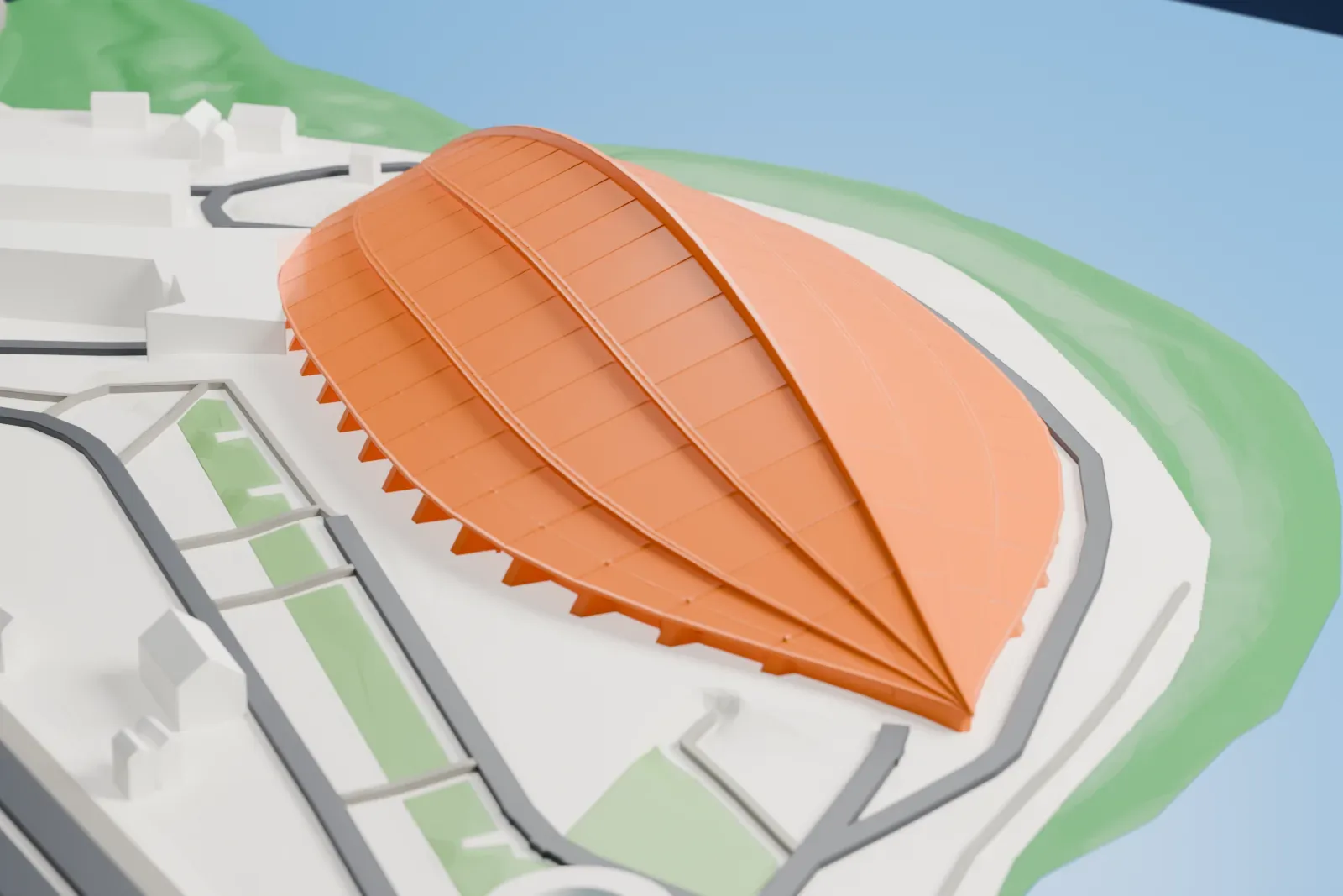 A white 3D print of Vikingskipet, a long arena with a curved, ribbed roof shaped like a ship's hull, among surrounding roads and buildings.