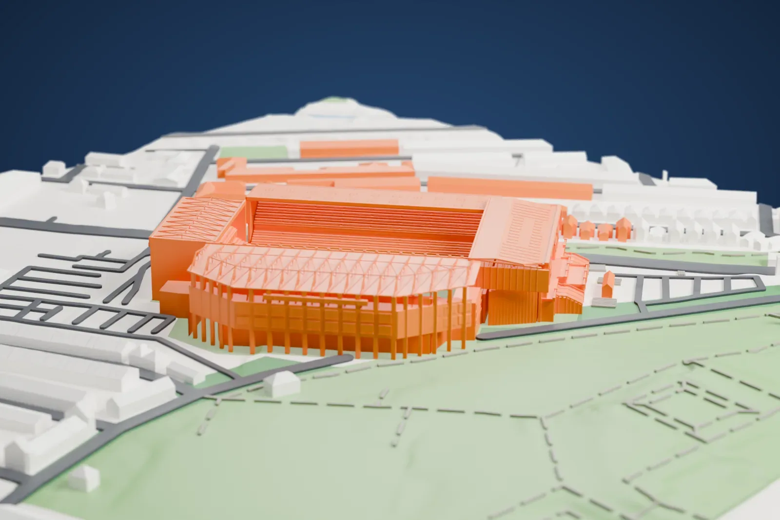 A white 3D print of Villa Park, a four-sided football stadium with open truss roofs over the stands, surrounded by streets, rows of houses and green parkland.