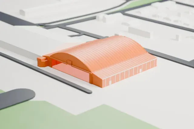 A white 3D print of the Vintage Flying Museum Hangars model in Fort Worth, with the streets around it.
