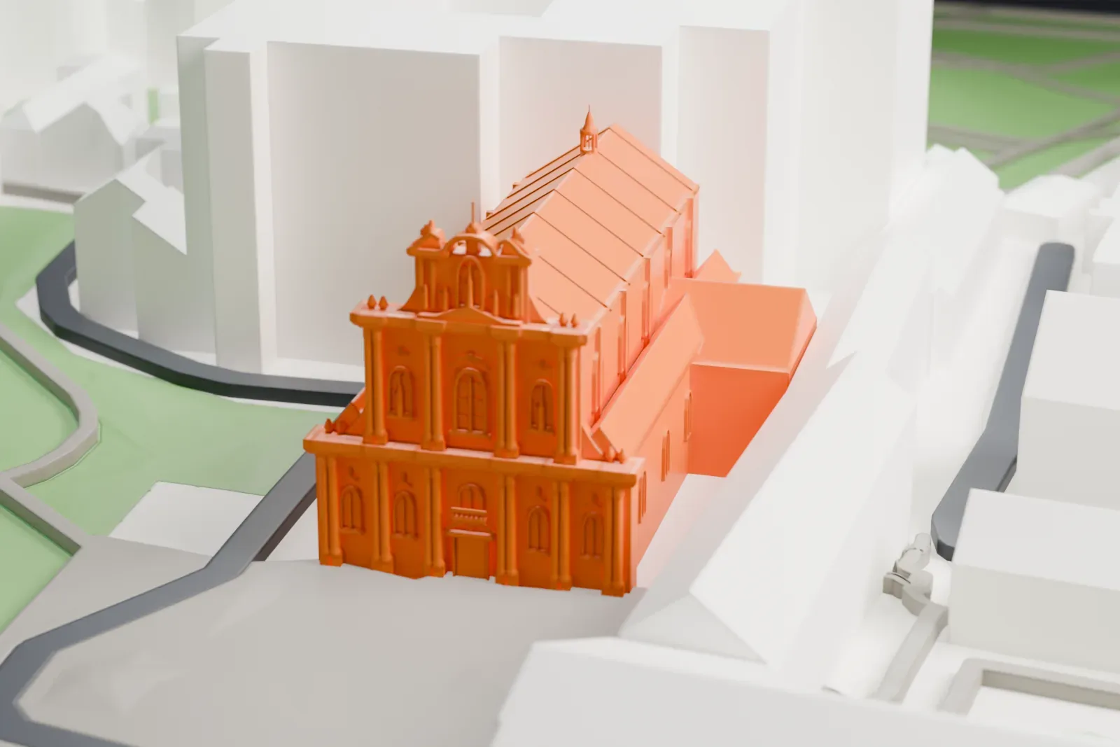 A white 3D print of the Visitationist Church among surrounding streets and buildings.