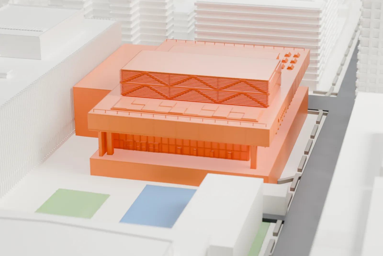 A white 3D print of the Vivian Beaumont Theater, a wide boxy building with a recessed glass front, beside a pale plaza with a small pool and surrounded by taller buildings.