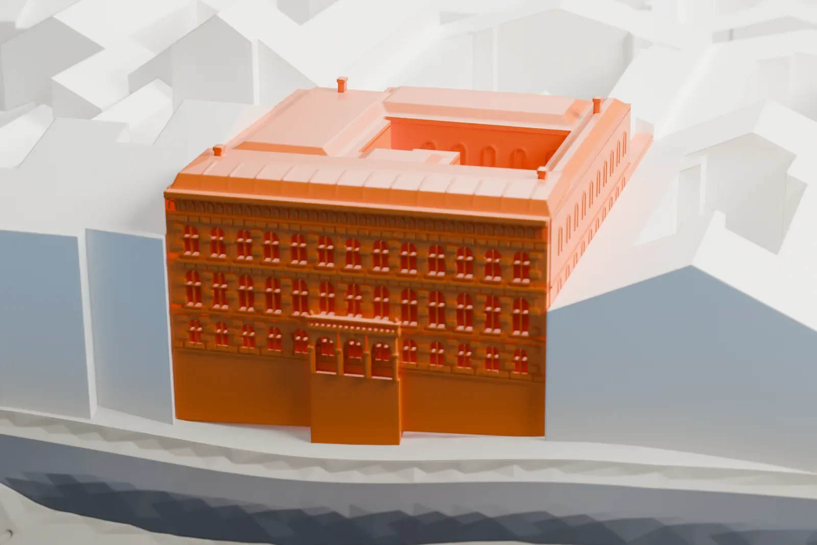 A white 3D print of the Vladimir Palace on the Palace Embankment in Saint Petersburg, with the Neva and surrounding buildings.