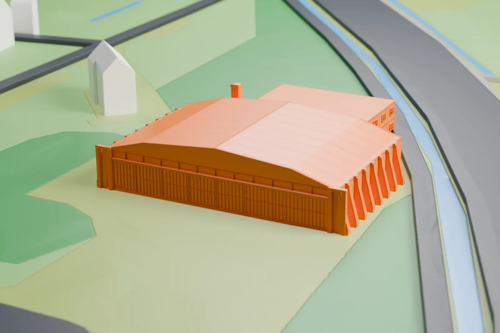 A white 3D print of the Volkel Air Base historic hangar, a broad brick hangar with a kinked gable roof and rows of side buttresses, among surrounding buildings.