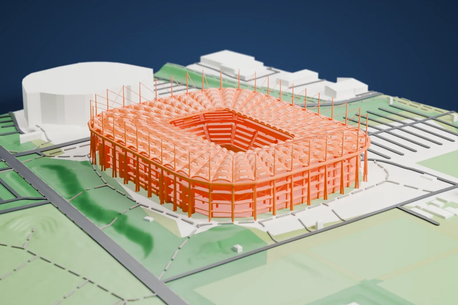 A white 3D print of Volksparkstadion, an oval stadium with a ribbed roof ring and slim masts with cables around it, set in green parkland with roads around it.