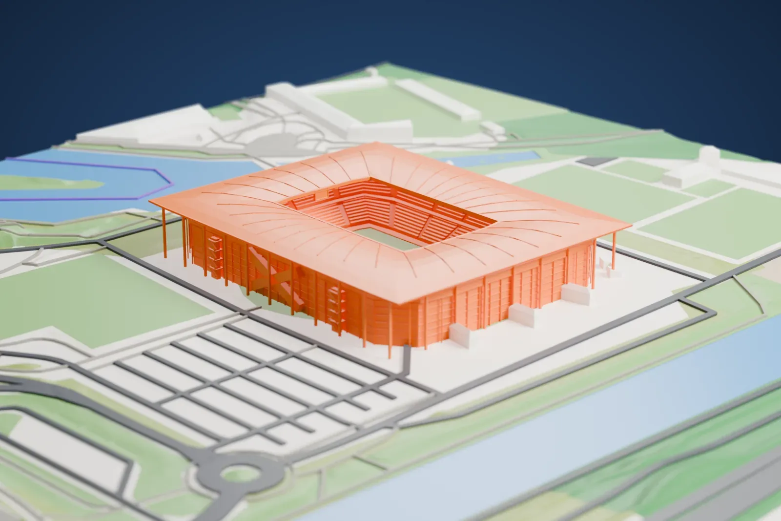 A white 3D print of the Volkswagen Arena, showing its flat overhanging roof and glazed walls, with the park around it.