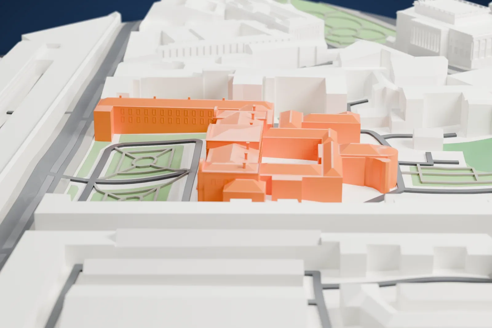 A white 3D print of the Vorontsov Palace, set among the surrounding streets and buildings.