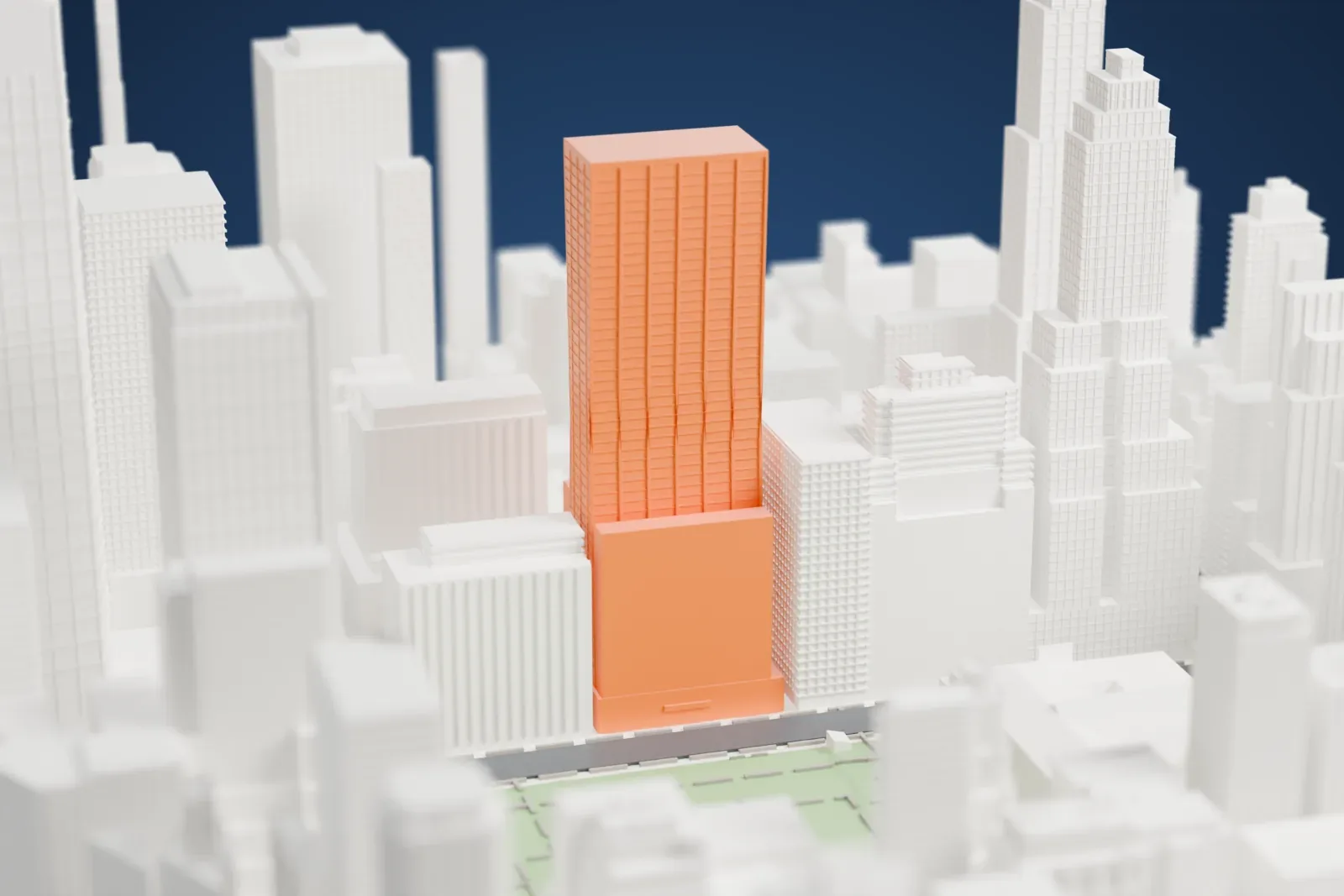 A white 3D print of the W. R. Grace Building, a tall tower with a sloping, curving facade, standing among dense skyscrapers with a patch of park nearby.
