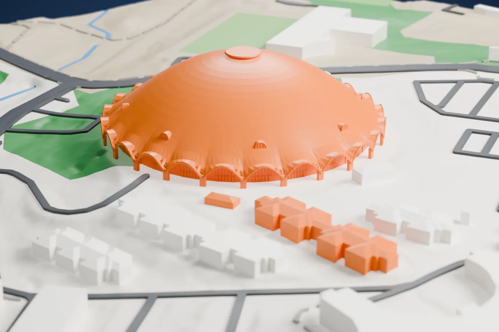 A white 3D print of the Walkup Skydome, a wide shallow dome with a scalloped rim, on a campus with roads, green areas and low buildings around it.