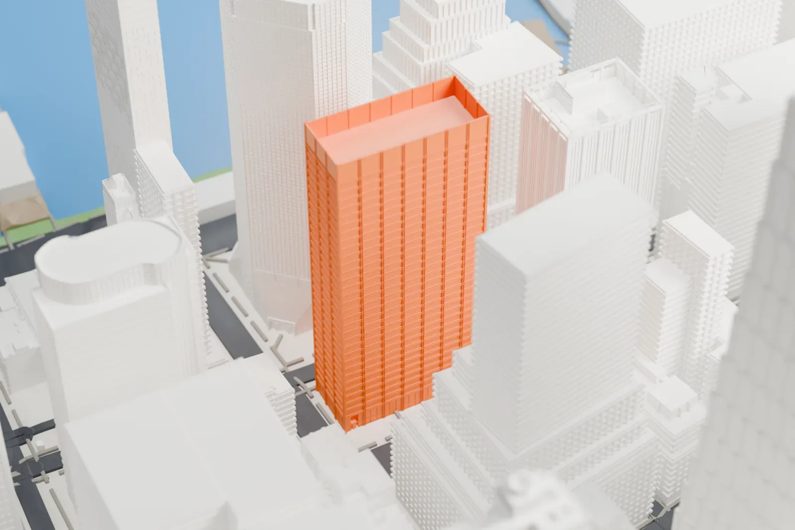 A white 3D print of Wall Street Plaza, a rectangular office tower with a gridded facade, packed among taller and shorter Lower Manhattan buildings.