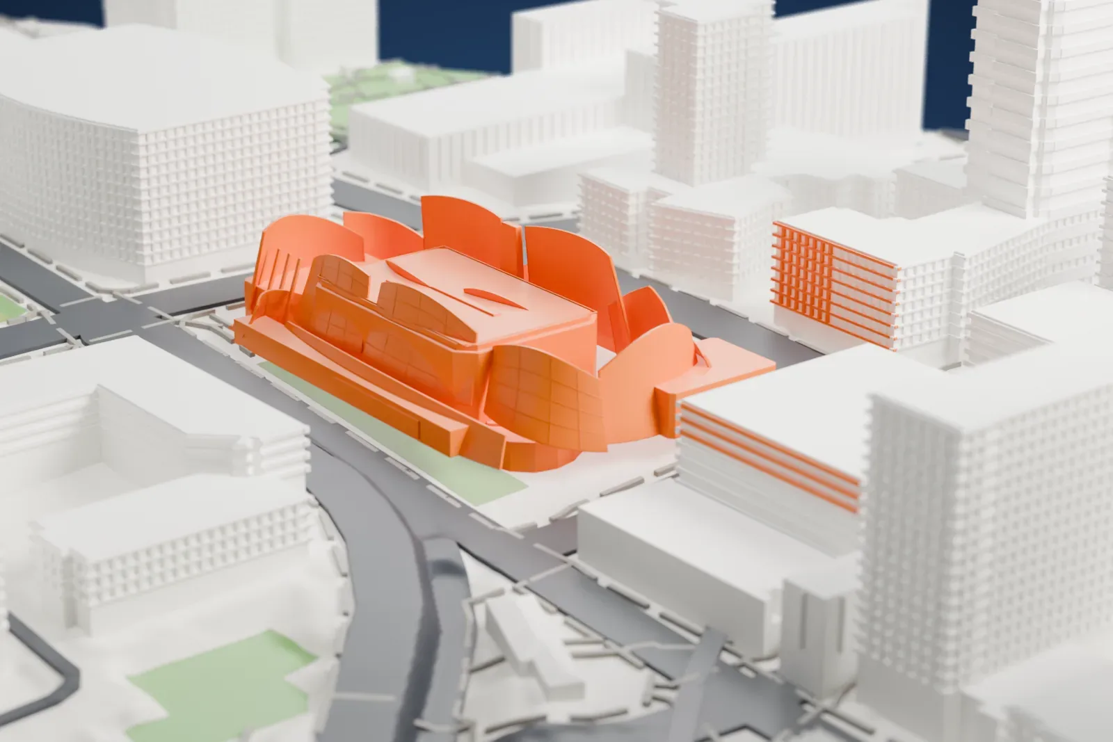 A white 3D print of the Walt Disney Concert Hall, a cluster of overlapping curved, sail-like panels, set among tall rectangular buildings and wide streets.