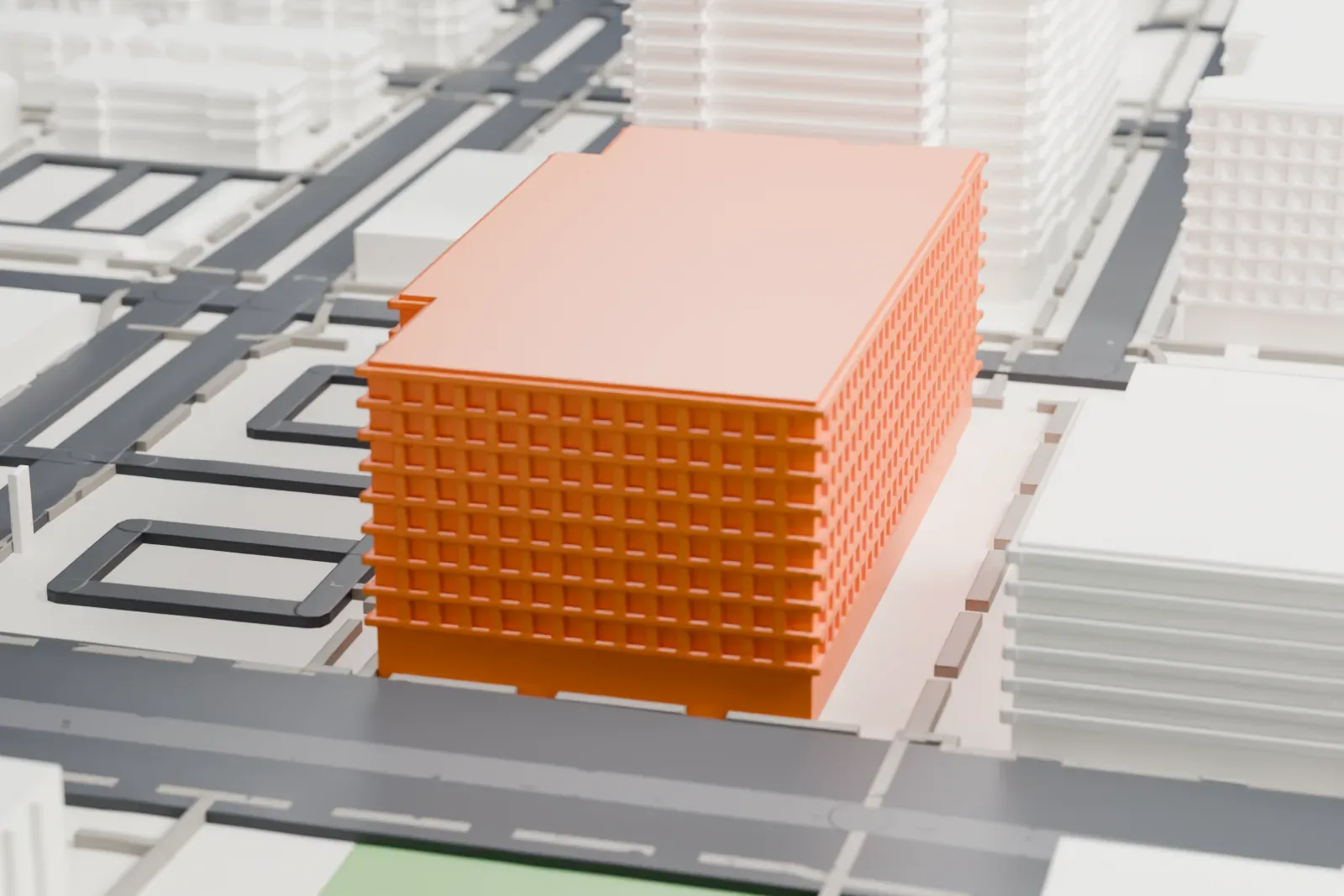 A white 3D print of the Walter Cronkite School of Journalism building, a wide louvered building with a roof terrace, set among downtown Phoenix streets, parking lots and neighboring blocks.