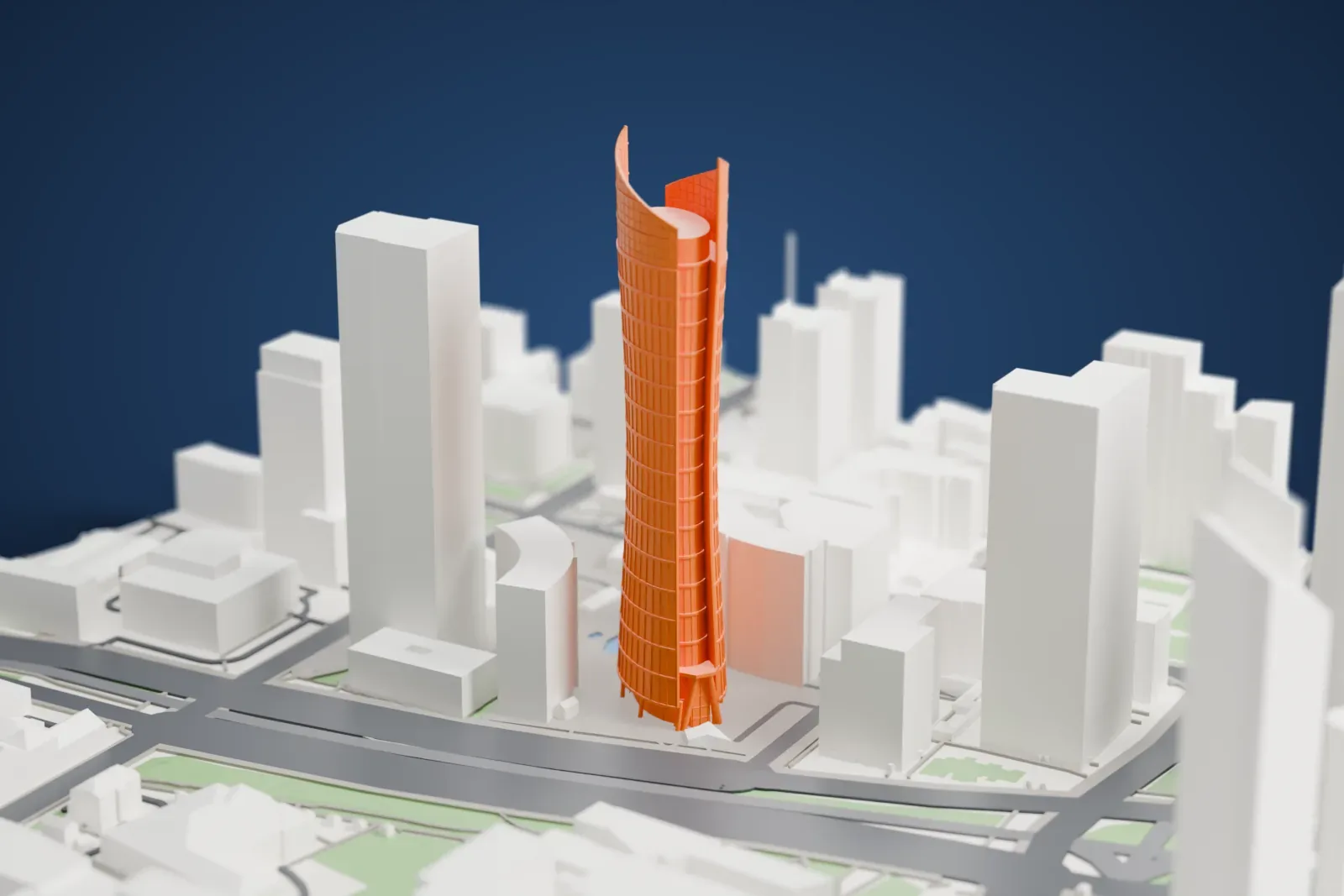 A white 3D print of the Warsaw Spire, a tall tower with a curved glass façade, standing on a plaza among surrounding streets and buildings.