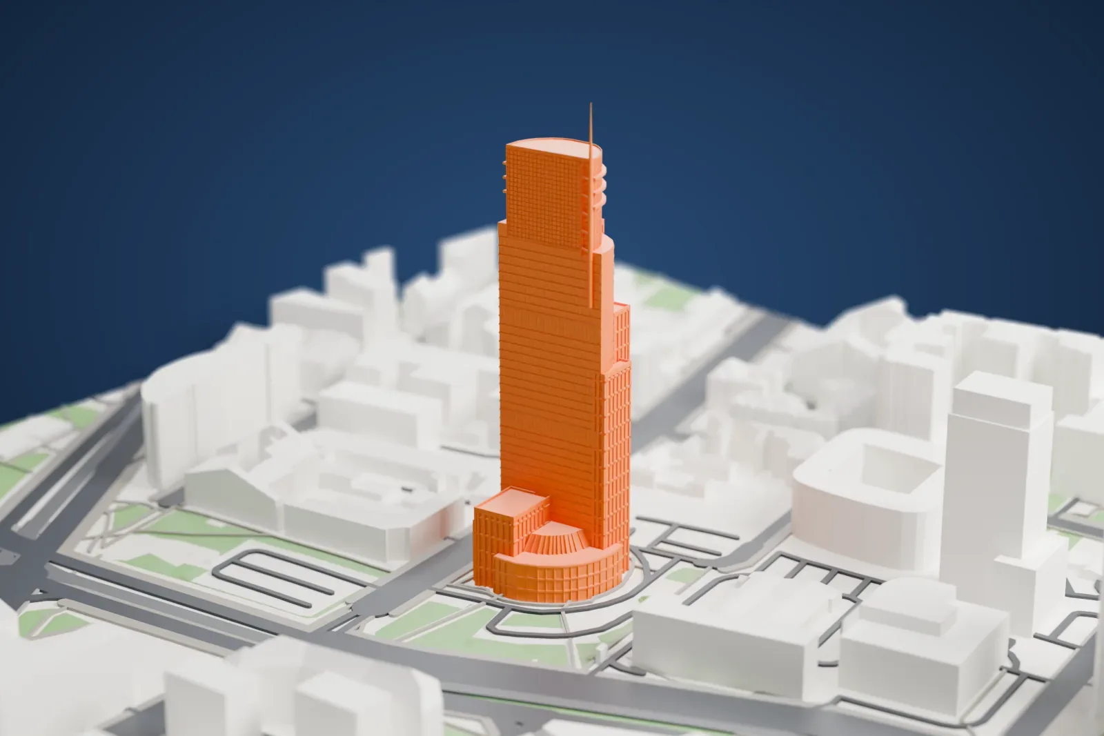 A white 3D print of the Warsaw Trade Tower among the surrounding city buildings of Warsaw.