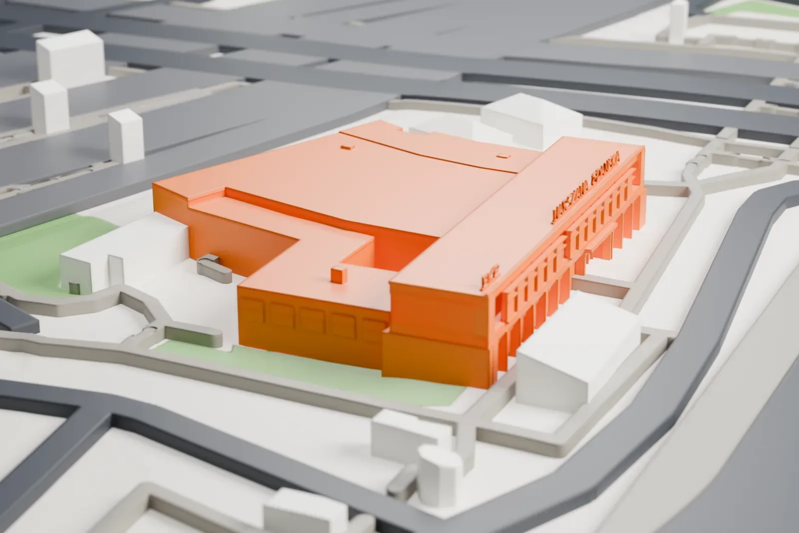 A white 3D print of Warszawa Gdańska railway station, with surrounding streets and buildings.