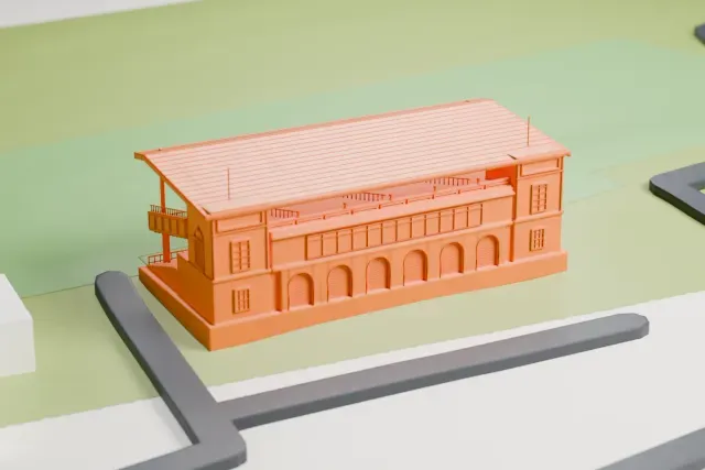 A white 3D print of the Macquarie Stand, Warwick Farm Racecourse model in Sydney, with the streets around it.