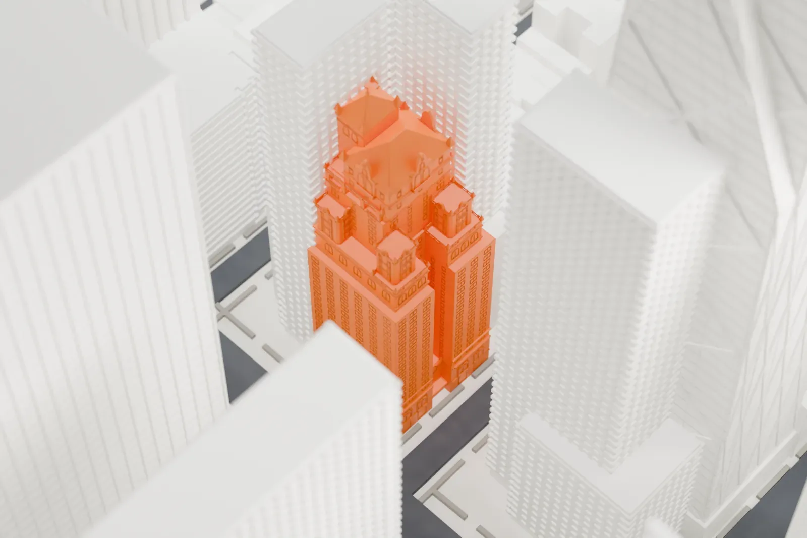 A white 3D print of the Warwick New York Hotel, a tall stepped slab rising among dense Midtown high-rises.