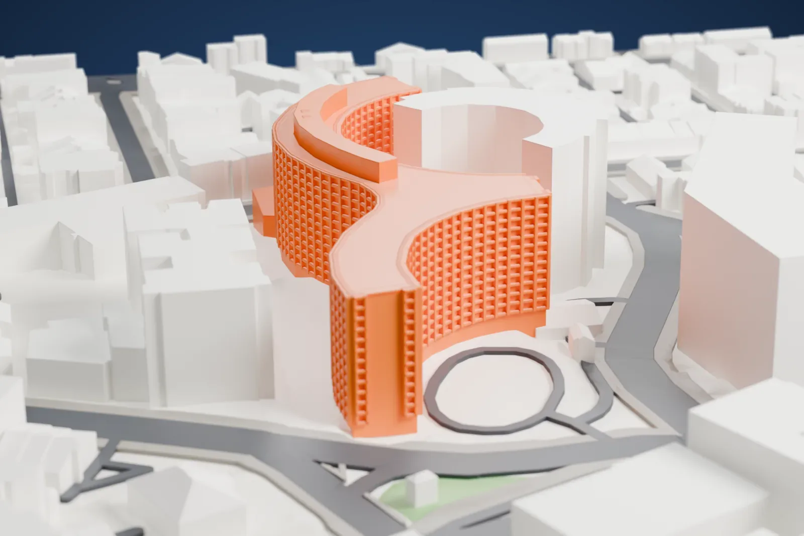 A white 3D print of the Washington Hilton in Washington, D.C., set among the surrounding streets and buildings.