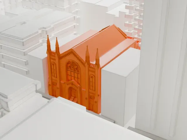Washington Square Methodist Episcopal Church model, South view