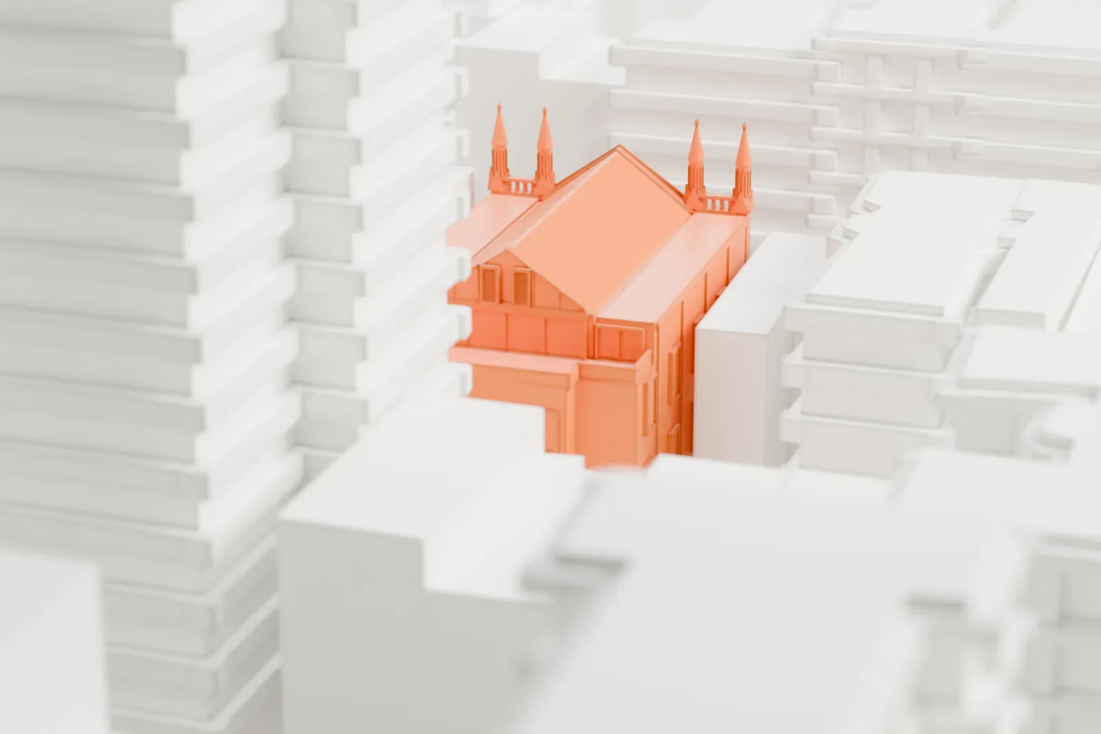 A white 3D print of Washington Square Methodist Episcopal Church, a gabled church with slender pointed spires at its corners and a large round window, set among taller buildings.
