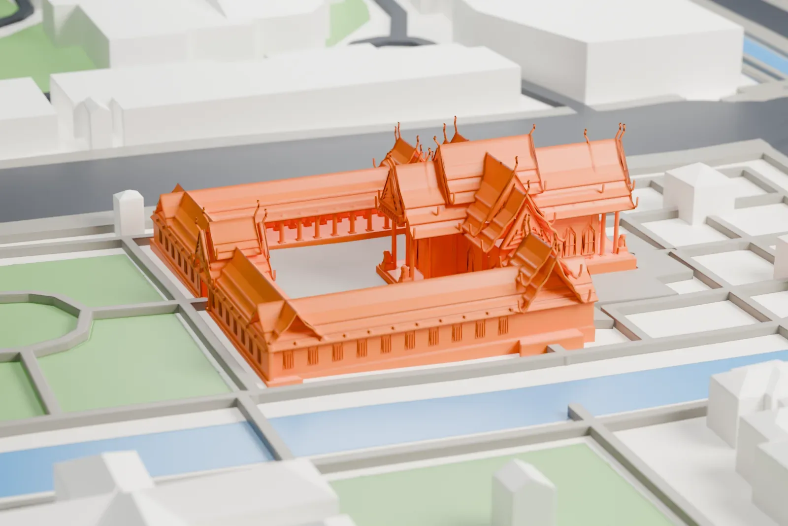 A white 3D print of Wat Benchamabophit, a temple complex, surrounded by streets and buildings.