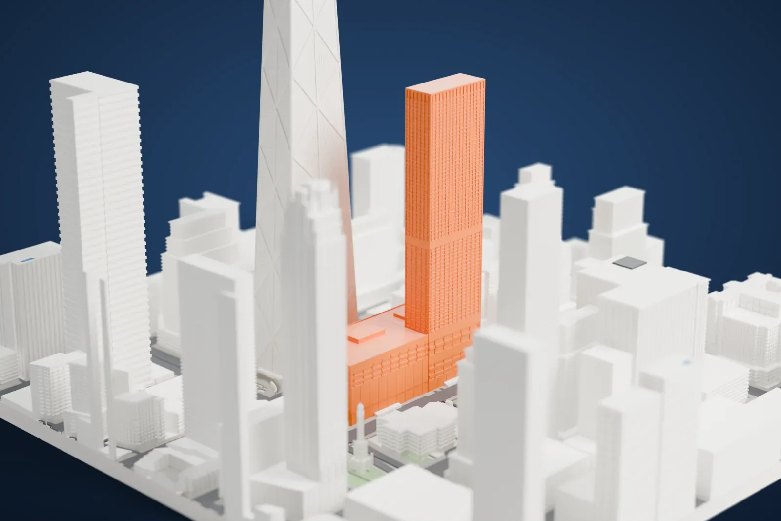 A white 3D print of Water Tower Place in Chicago, with the surrounding streets and buildings around it.