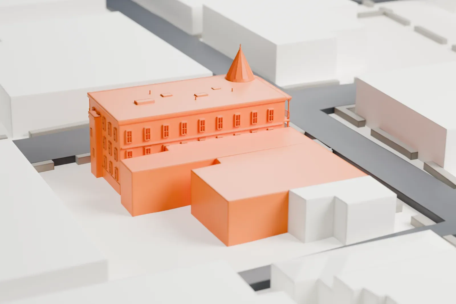 A white 3D print of the Weatherford Hotel, a three-story corner building with a cone-shaped turret, arched windows and a column-lined porch, standing among larger downtown buildings.