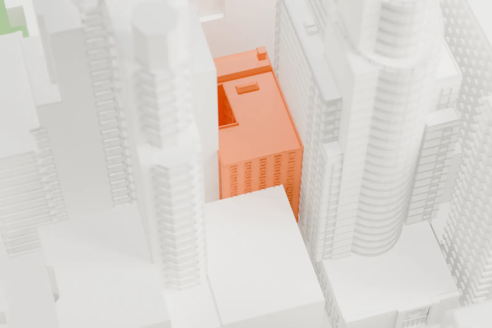 A white 3D print of the Webster Hotel, a mid-rise building almost hidden among much taller buildings in a dense city center.