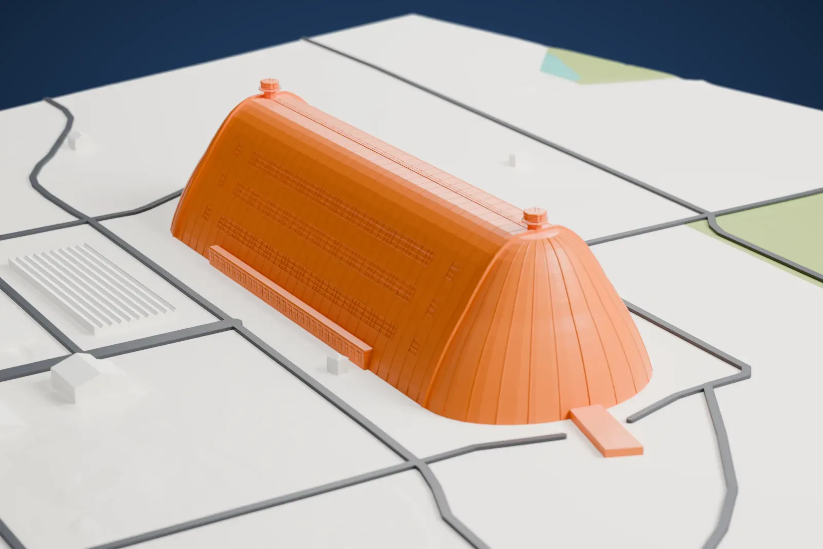 A white 3D print of the Weeksville Steel Dirigible Hangar, a vast curved steel barrel with rounded ends and two small rooftop control towers, among surrounding buildings.