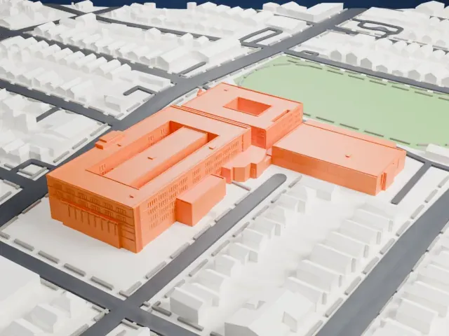Weequahic High School model, East view