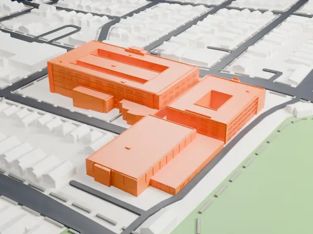 Weequahic High School model, North view