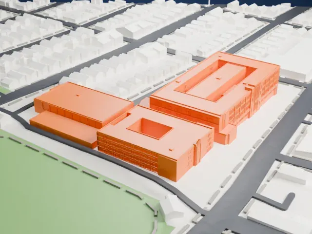 Weequahic High School model, West view