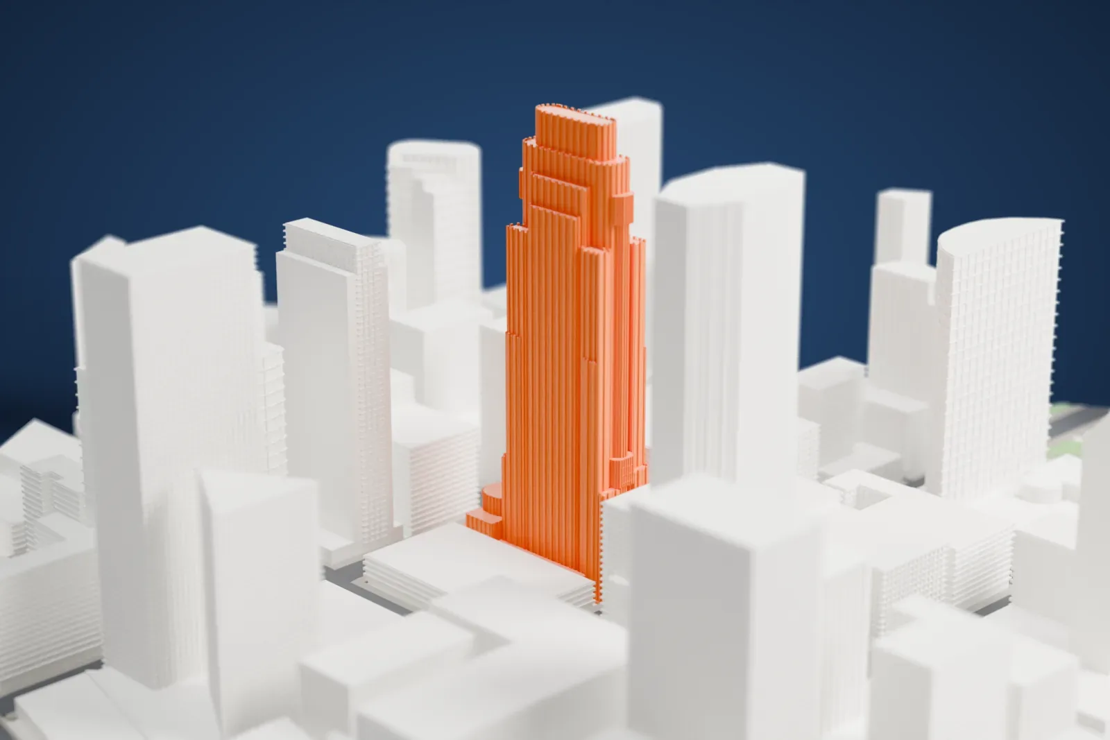 A white 3D print of the Wells Fargo Center, a slender stepped tower with a flat rounded crown, among surrounding city streets and buildings.