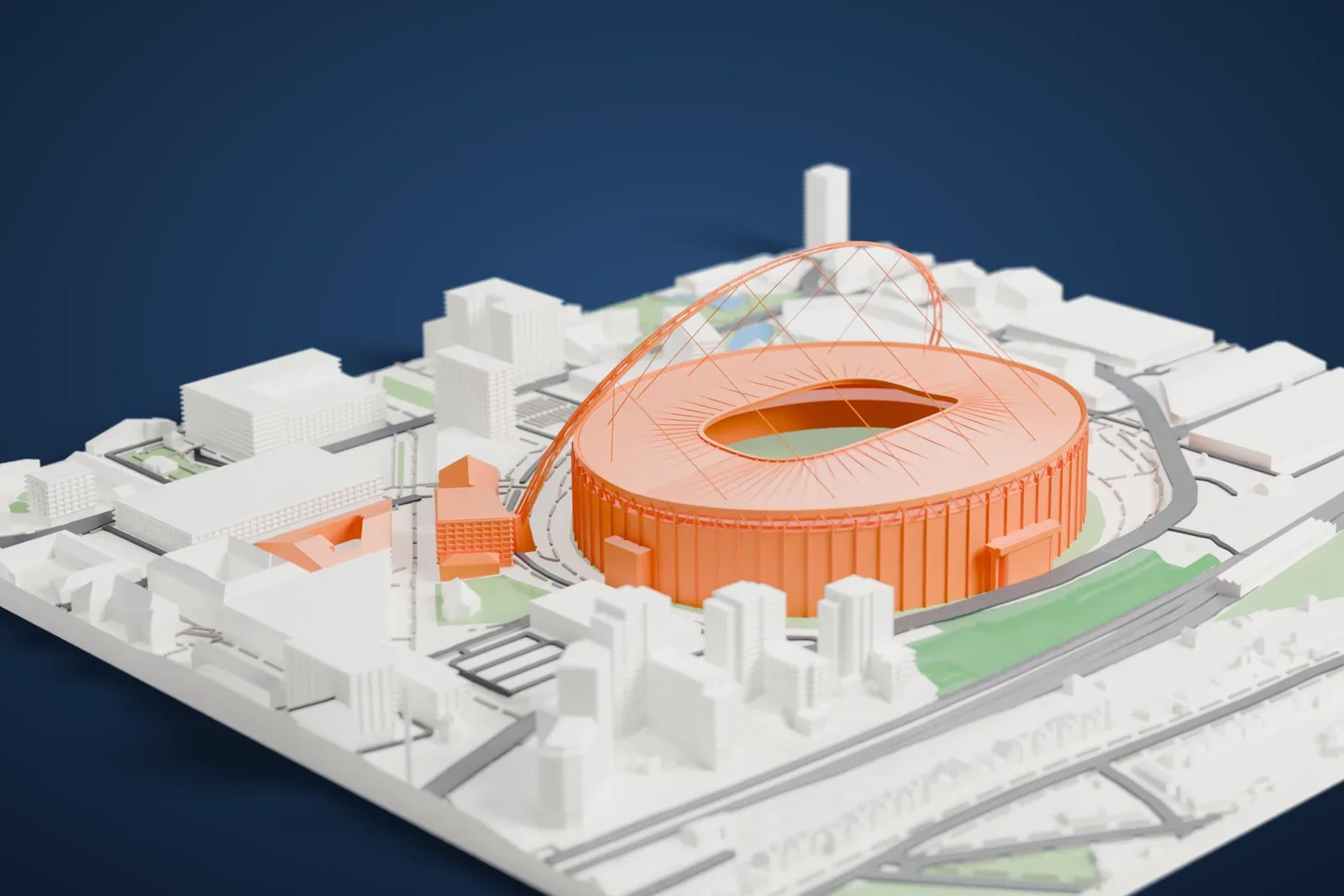A white 3D print of Wembley Stadium, a round bowl with a tall arch curving over its roof, surrounded by streets, rail lines, apartment blocks and patches of green.
