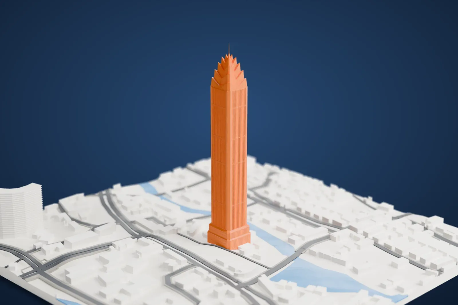 A white 3D print of the Wenzhou World Trade Center, a very tall tower with a faceted crown, rising above the surrounding streets and buildings.