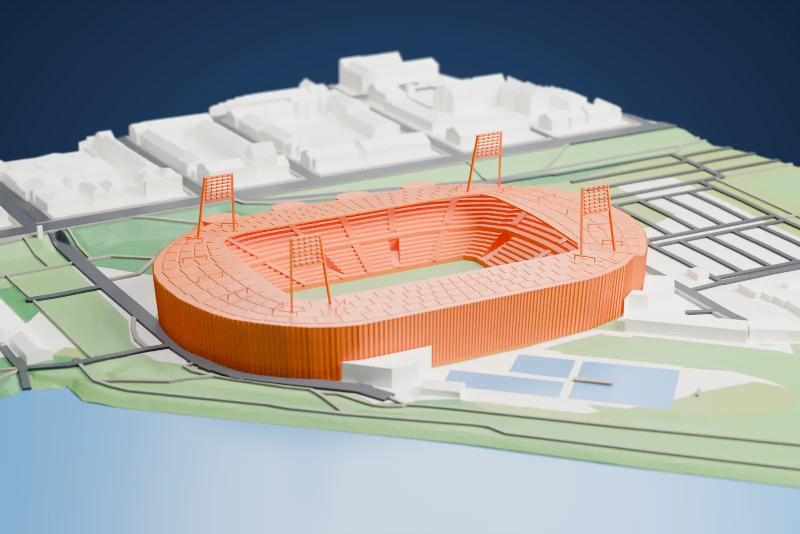 A white 3D print of the Weserstadion, a rounded stadium with an open roof and slender floodlight frames, beside a river and green parks.