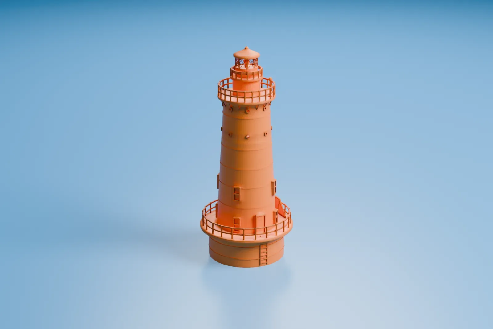 A white 3D print of West Bank Light, a round lighthouse tower with railed balconies and a small lantern, standing alone in open water.