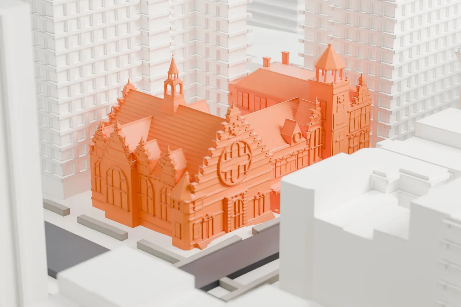 A white 3D print of West End Collegiate Church, a steep-roofed church with stepped gables and small spires, hemmed in by taller buildings.