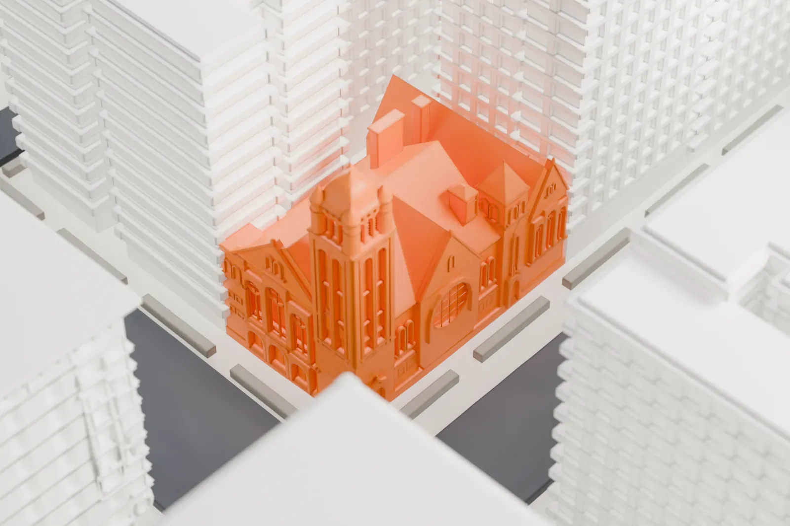 A white 3D print of West-Park Presbyterian Church, a dome-topped corner tower and sanctuary squeezed between tall neighboring buildings.