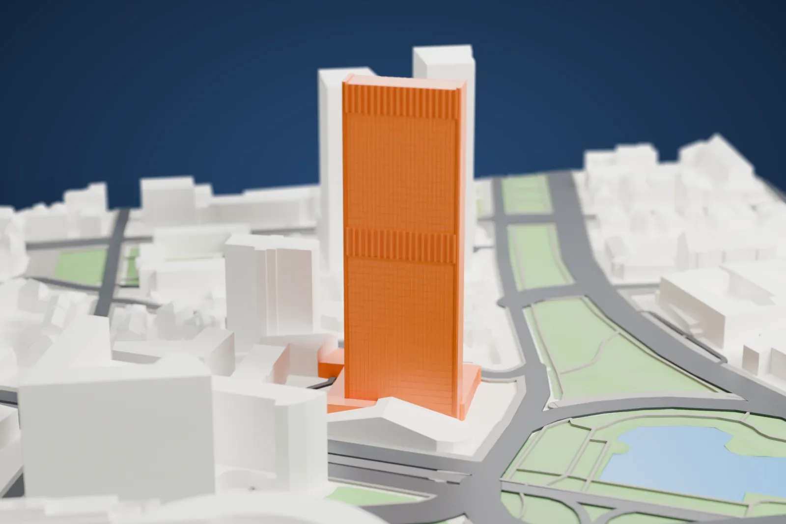A white 3D print of Westend Gate, a tall slab-shaped skyscraper, among the surrounding streets and buildings of Frankfurt's Westend-Süd district.