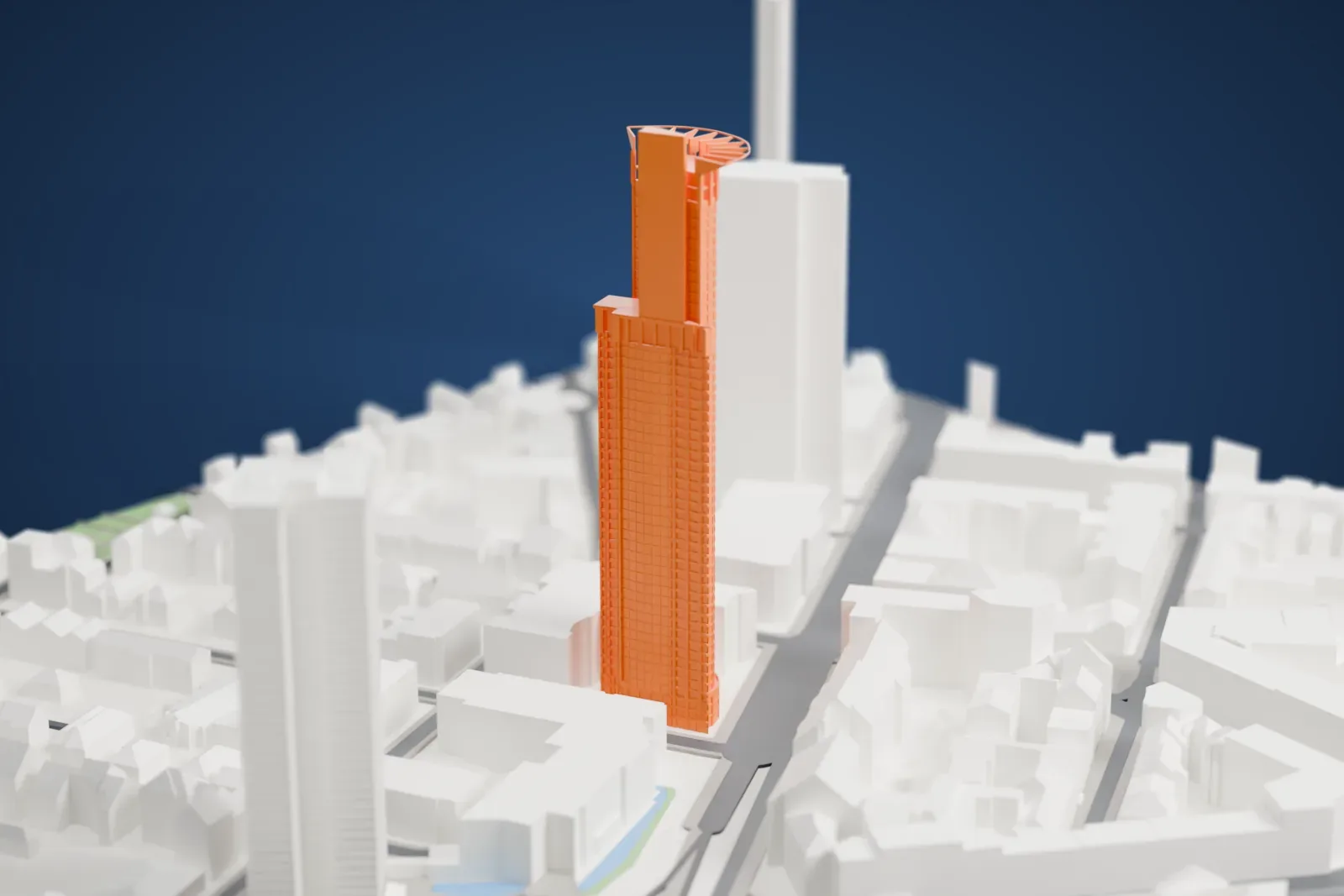 A white 3D print of Westendstrasse 1, a tall skyscraper, standing among the surrounding streets and buildings of Frankfurt's Westend-Süd district.