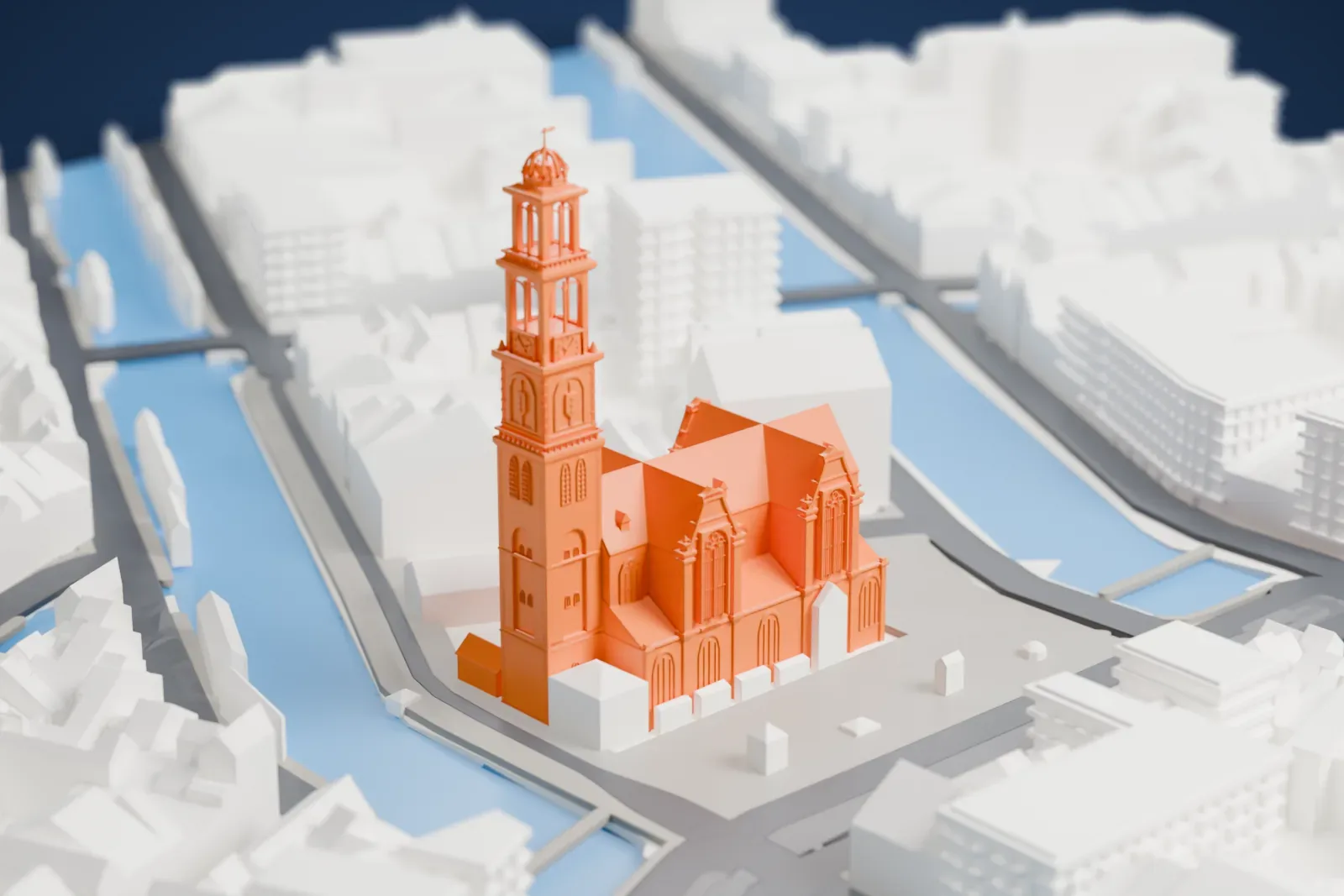 A white 3D print of the Westerkerk in Amsterdam among the surrounding streets and buildings.