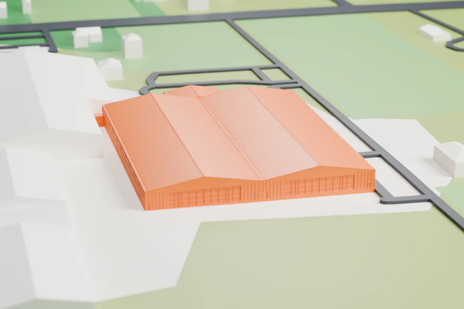 A white 3D print of the museum hangars, with two large ribbed gabled roofs and a small entrance building, set on an airfield with grass, roads and a few nearby buildings.
