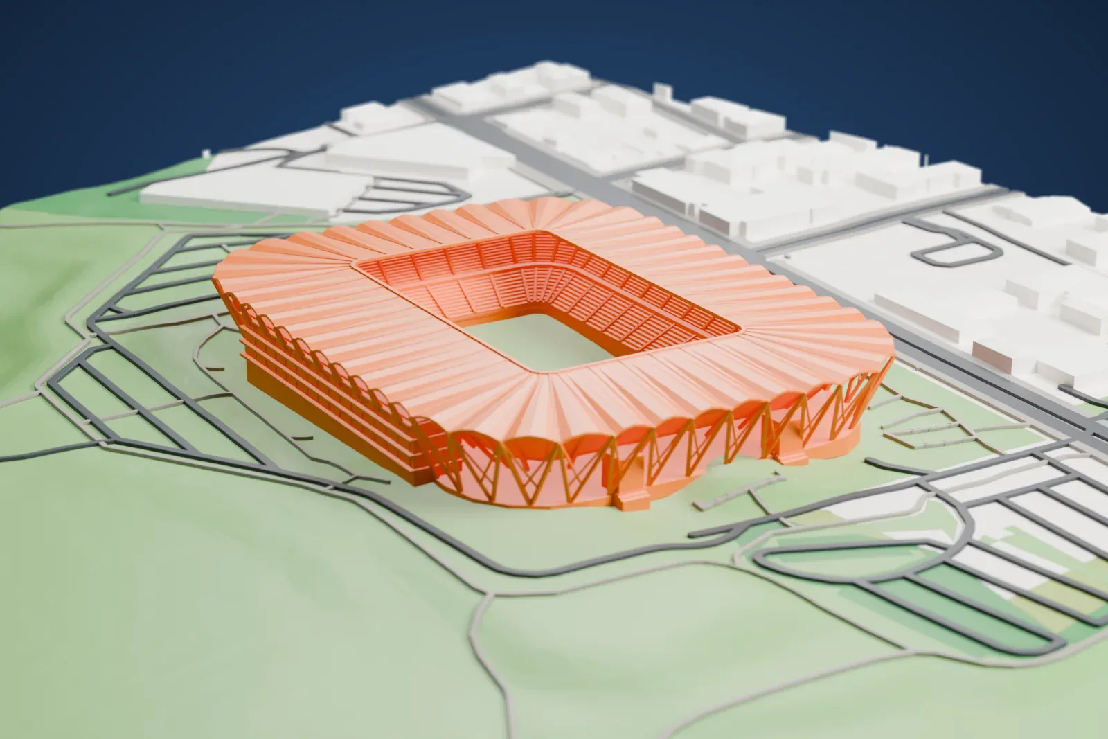 A white 3D print of Western Sydney Stadium, a low stadium, standing among the surrounding streets and buildings.