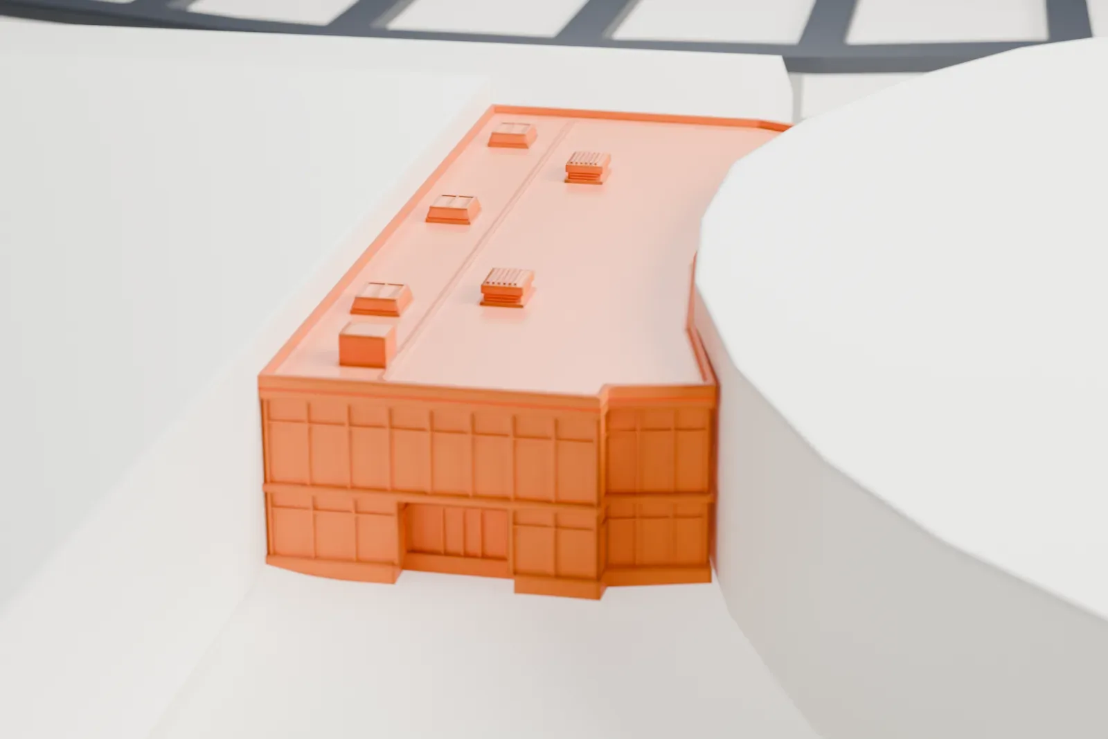 A white 3D print of the Westfalenhallen, an exhibition center and arena, among the surrounding streets and buildings.