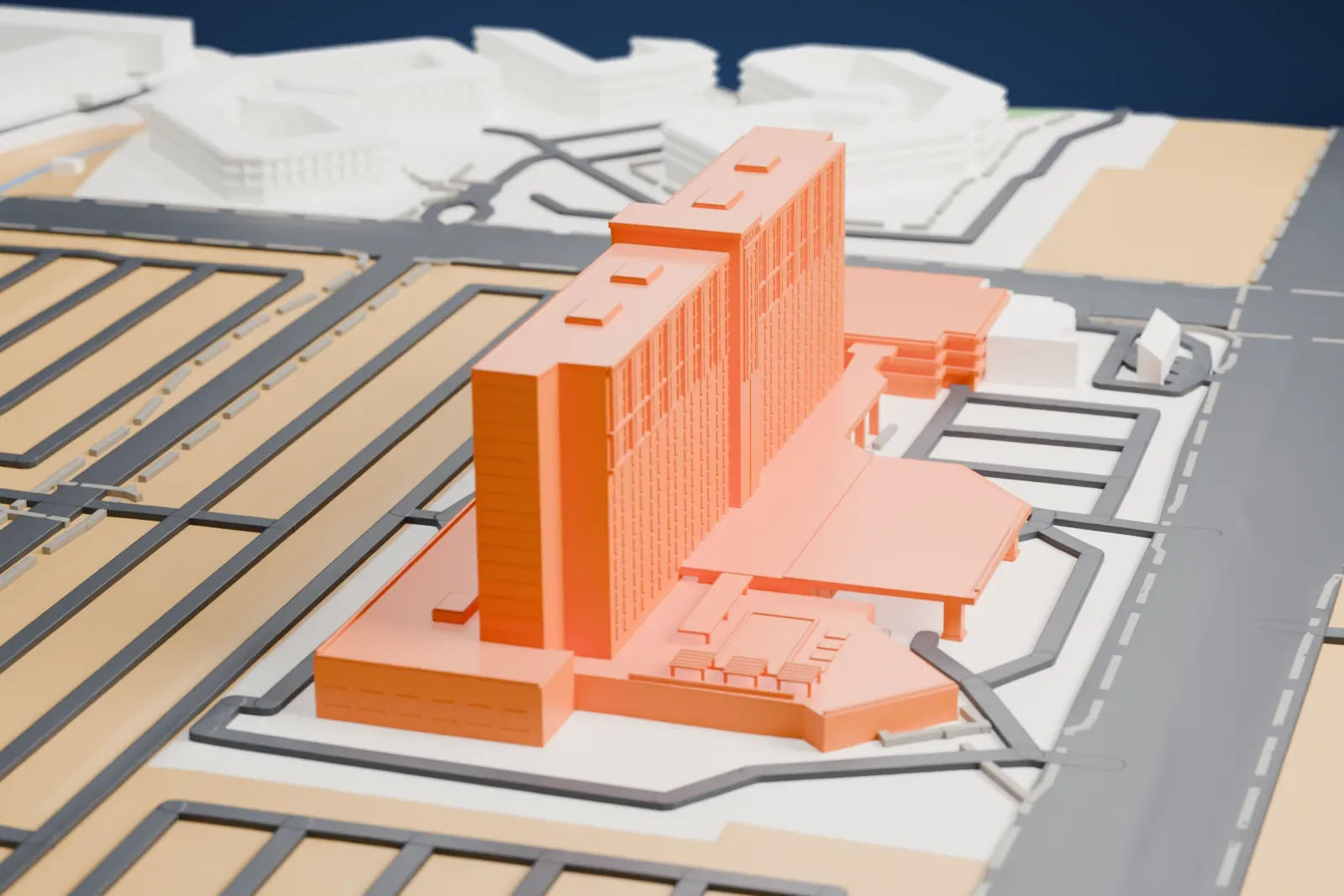A white 3D print of the Westin Las Vegas, a long multi-story hotel slab with fine rows of windows and an entrance canopy on slim columns, with wide roads and low buildings around it.