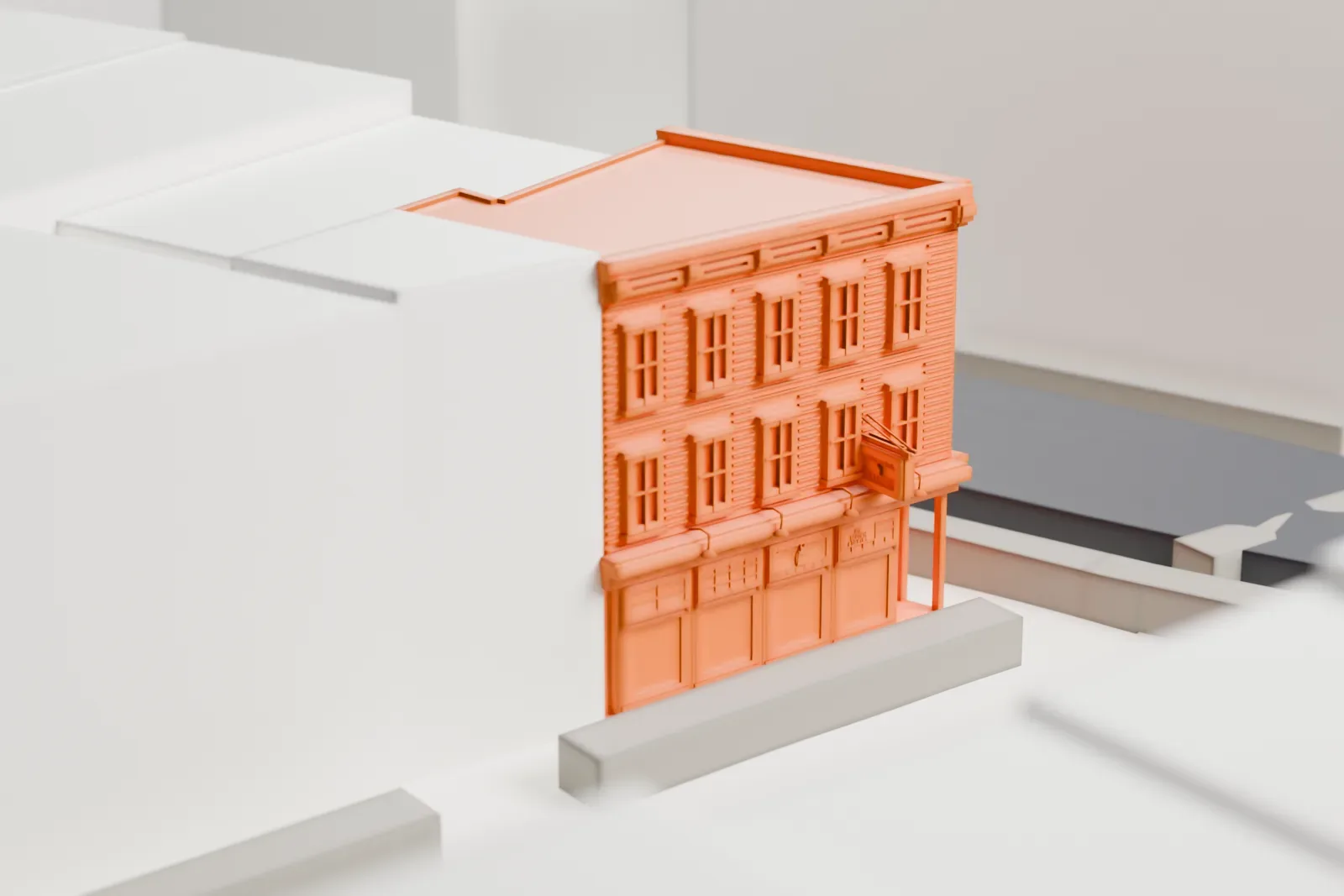 A white 3D print of the White Horse Tavern, a small corner building with a detailed front and rows of windows, beside larger buildings on a city block.