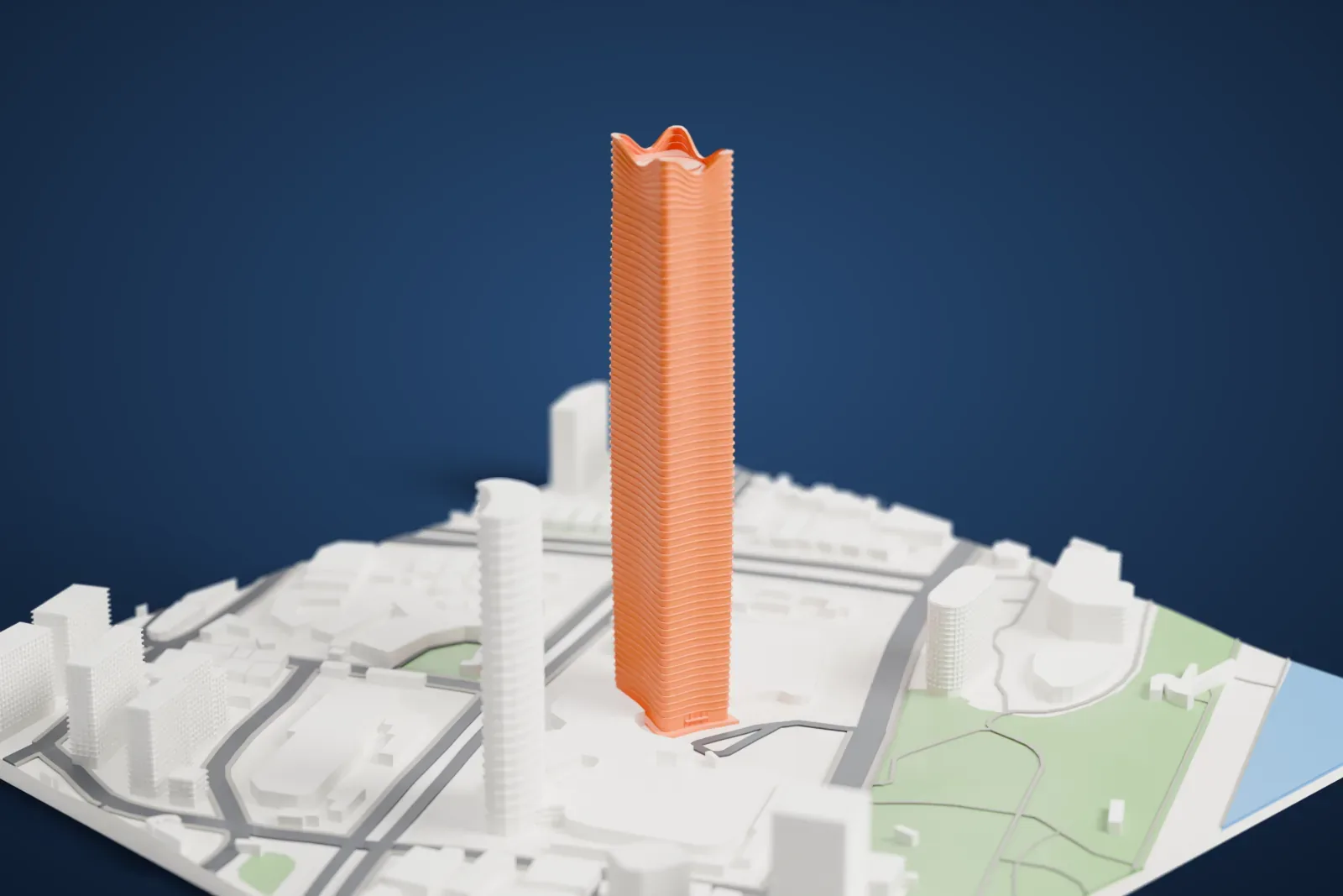 A white 3D print of the White Magnolia Plaza, a very tall, slender tower with a wavy top, rising above surrounding streets and buildings.