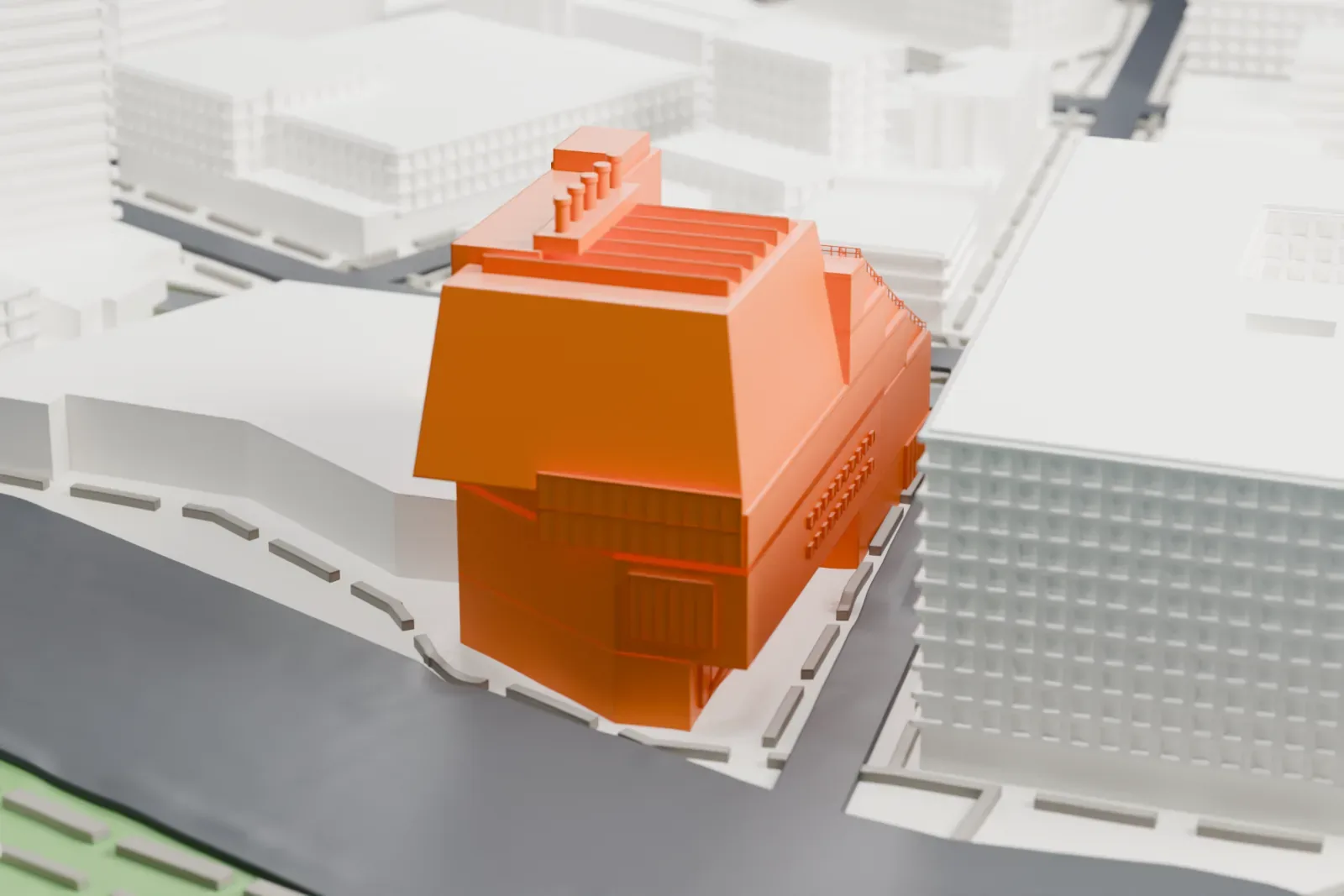 A white 3D print of the Whitney Museum of American Art, a blocky building with stepped terraces, an outdoor staircase and a row of small cylinders on its roof, beside wide streets.